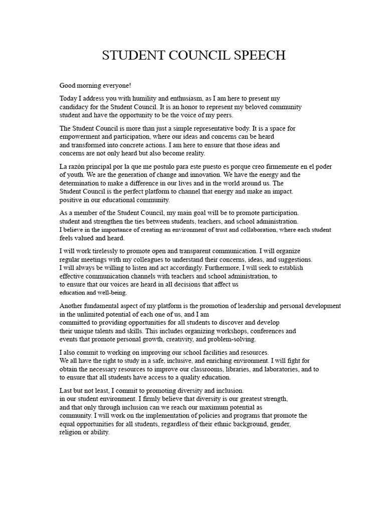 STUDENT COUNCIL SPEECH | PDF | Inclusion (Education) | Social Psychology