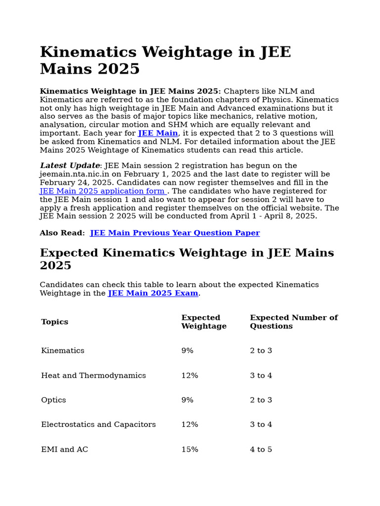 Kinematics Weightage in JEE Mains 2025 | PDF | Physics | Kinematics