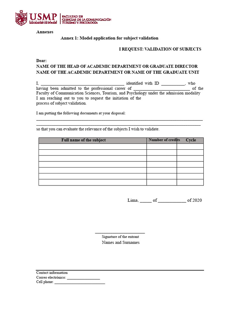 Annex 1 Model of Subject Validation Application 2 | PDF