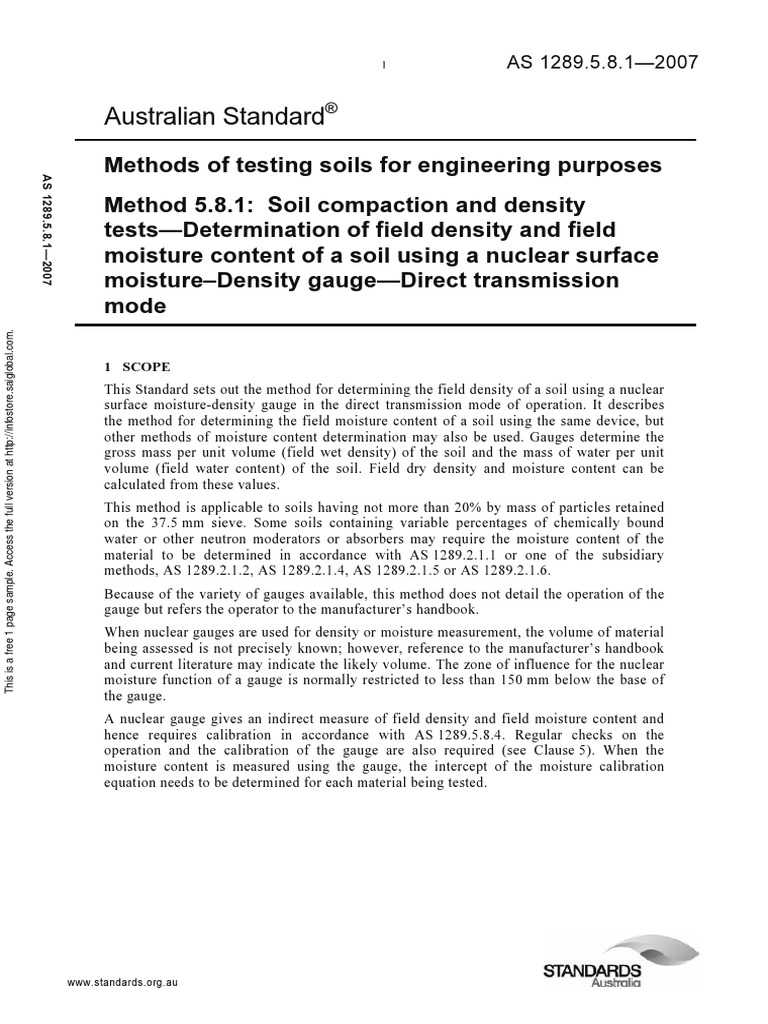 As 1289.5.8.1-2007 Methods of Testing Soils For Engineering Purposes ...