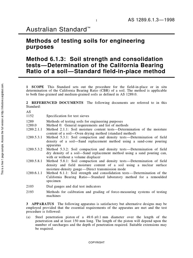 As 1289.6.1.3-1998 Methods of Testing Soils For Engineering Purposes ...