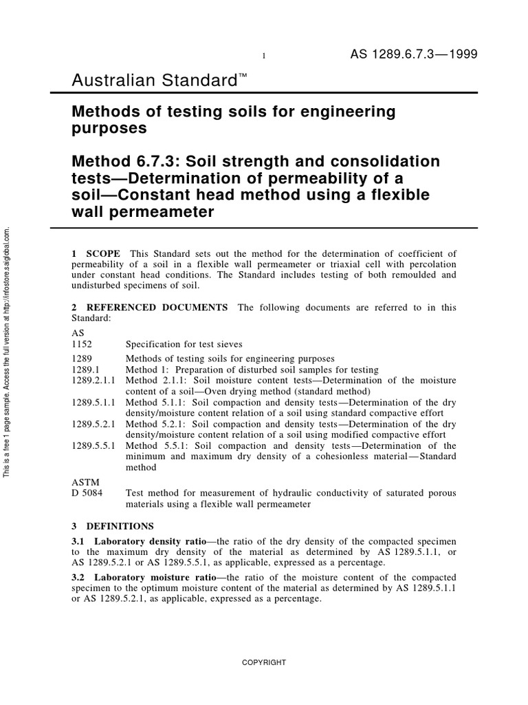 As 1289.6.7.3-1999 Methods of Testing Soils For Engineering Purposes ...