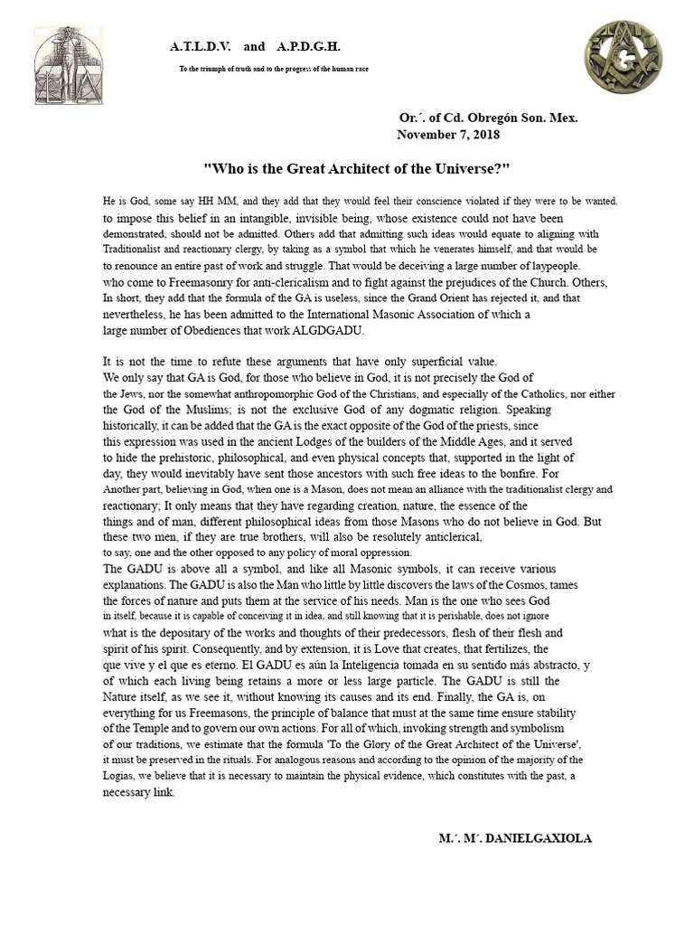 The Great Architect of the Universe | PDF | Freemasonry | Masonic Lodge