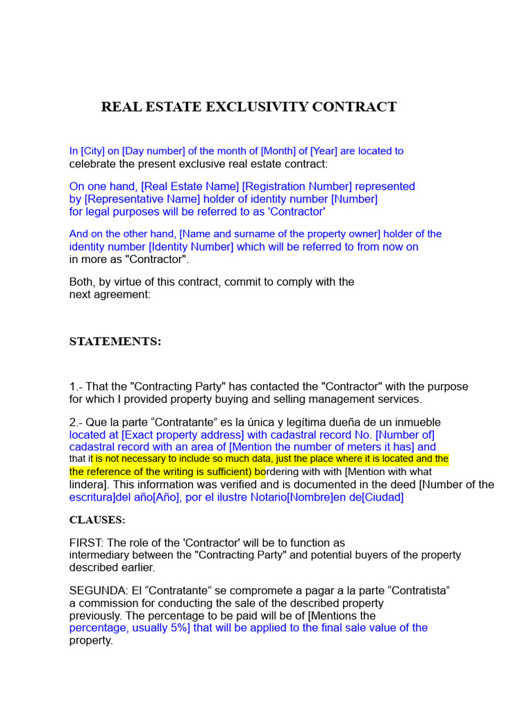 Real Estate Exclusivity Contract Model 1 | PDF | Estate Agent | Damages