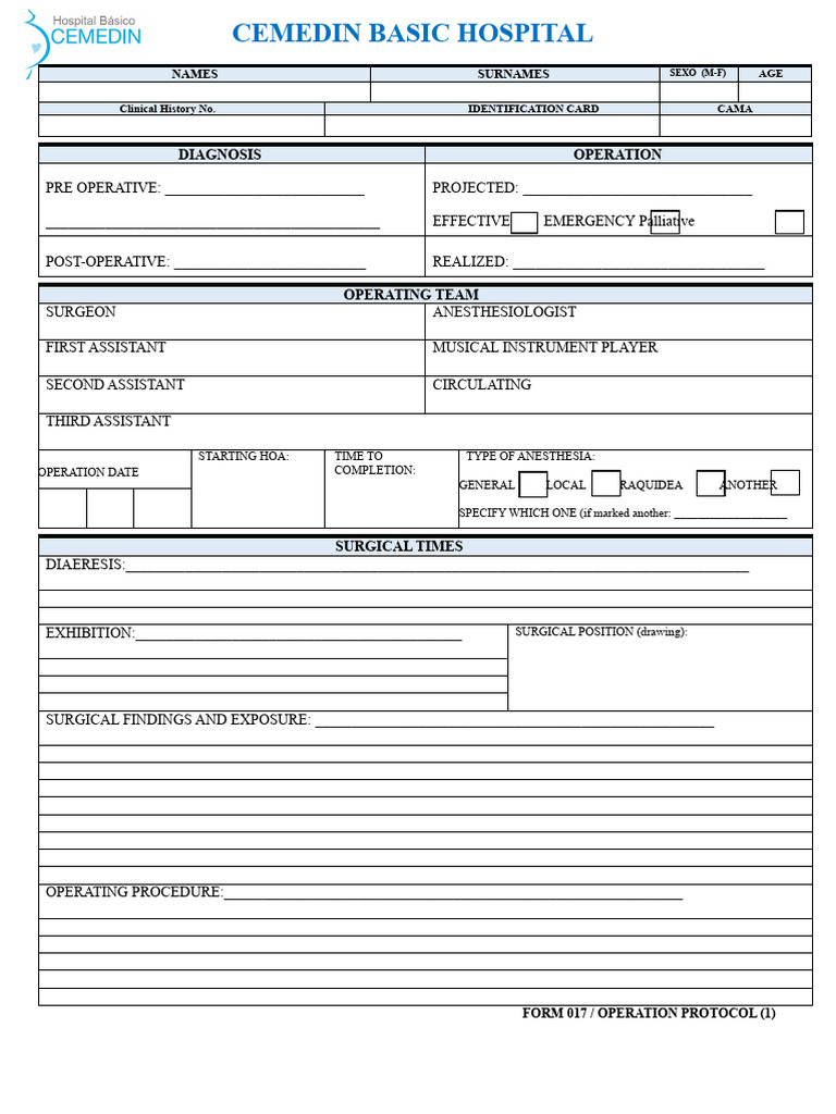 Cemedin Hospital Surgical Protocol Form | PDF | Surgery | Anesthesia