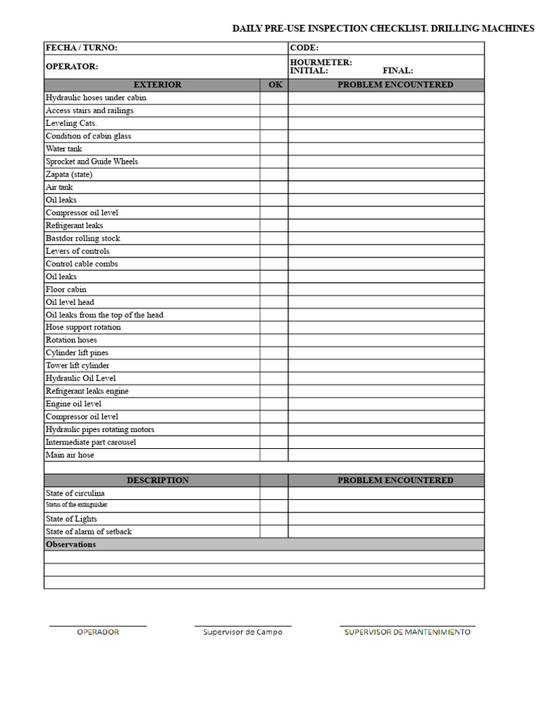 Daily Drilling Machine Inspection Checklist | PDF