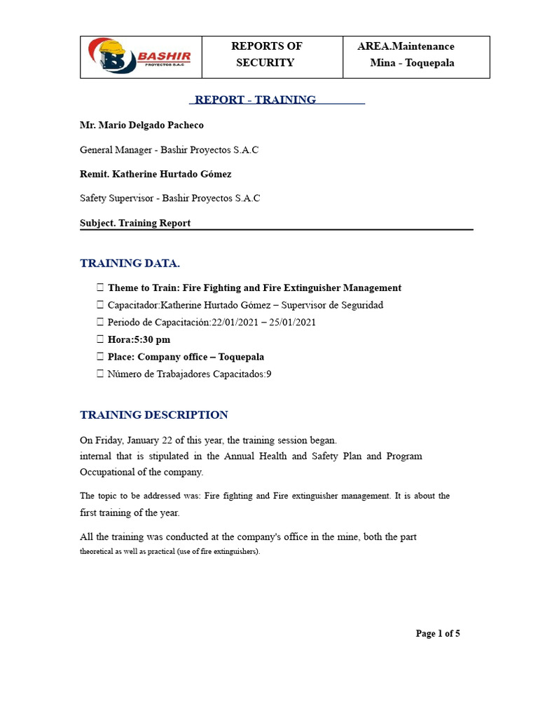Training Report On Fire Fighting and Fire Extinguisher Management | PDF ...