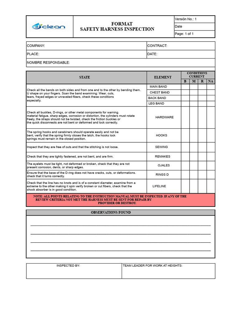 Safety Harness Inspection Checklist | PDF | Mechanical Engineering