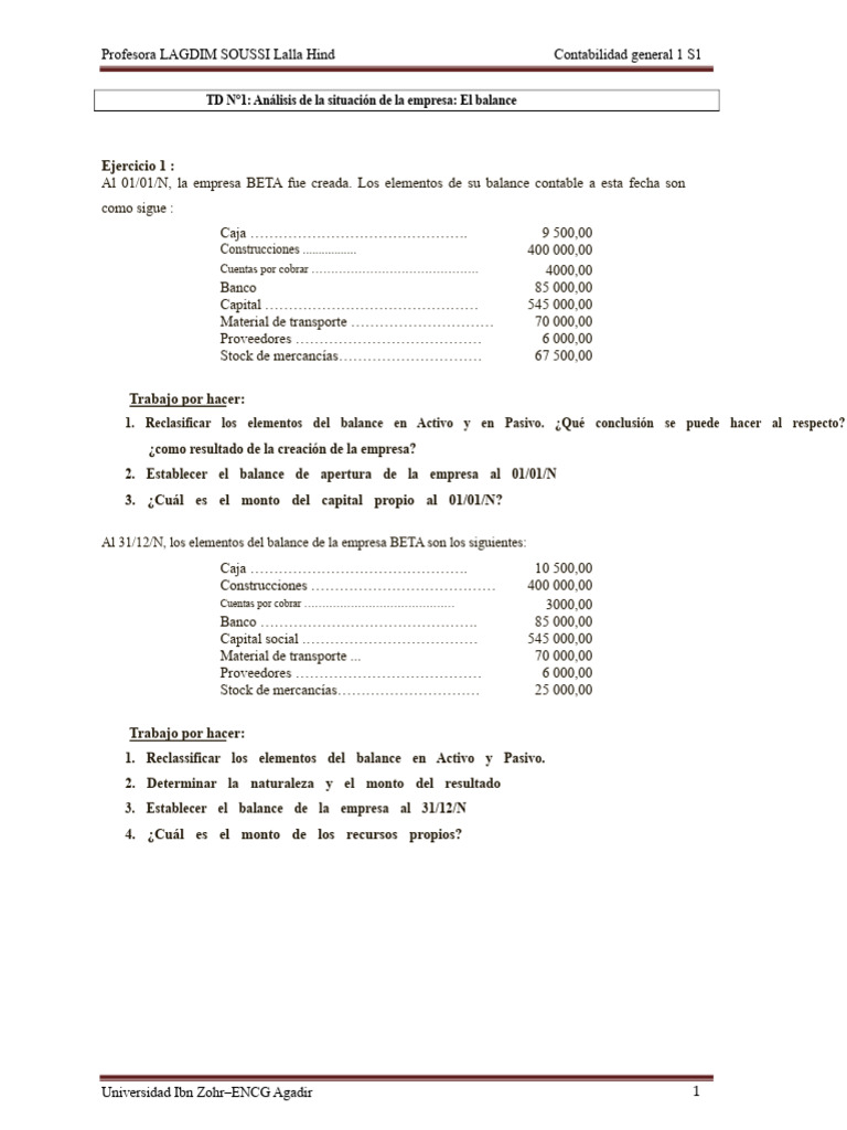 TD 1 Contabilidad General 1 | PDF | Contabilidad | Hoja de balance