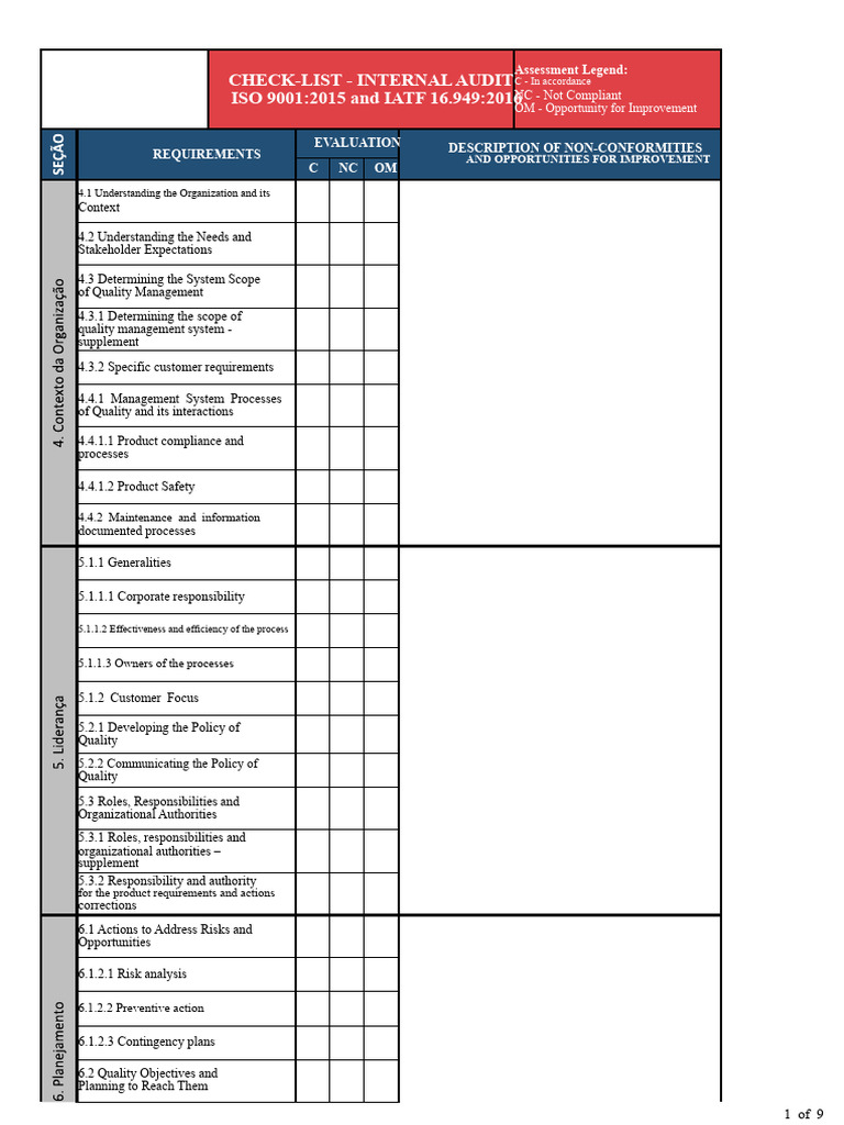 ISO 9001:2015 Internal Audit Checklist | PDF | Audit | Quality ...