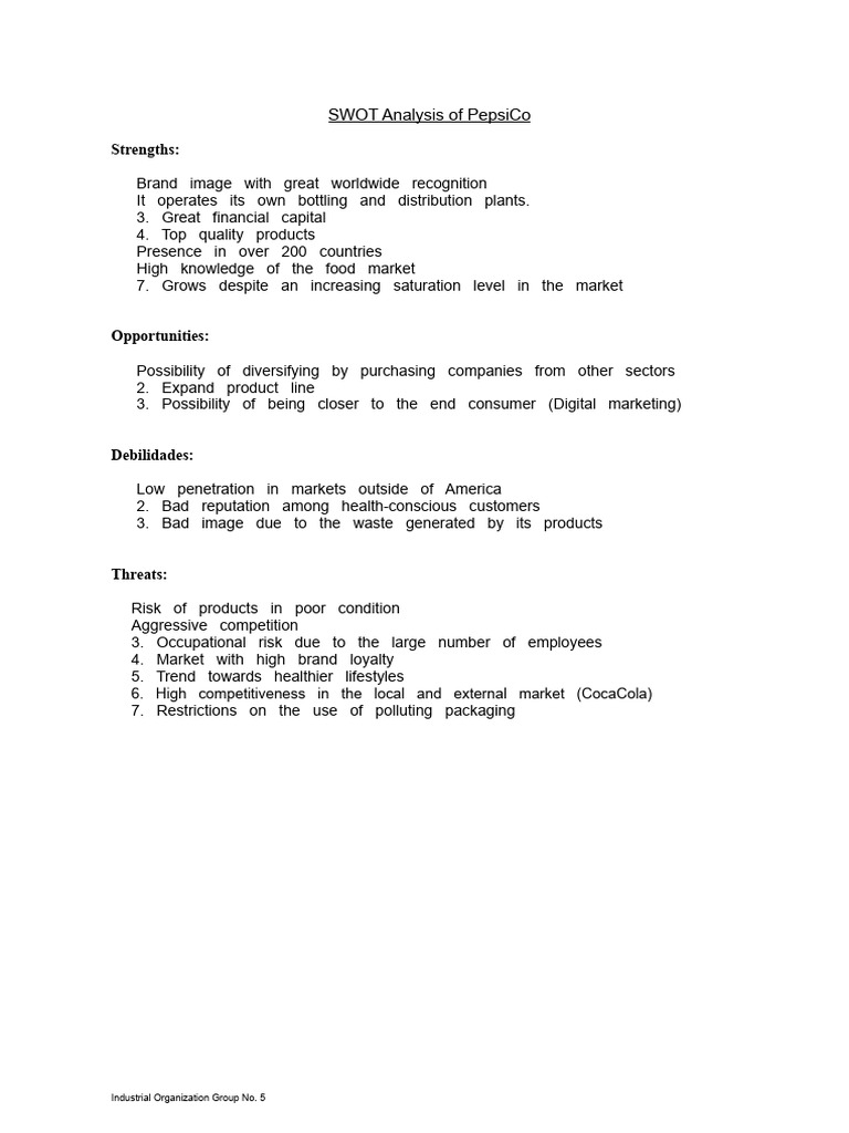 PepsiCo SWOT Analysis Overview | PDF | Pepsi Co | Brand