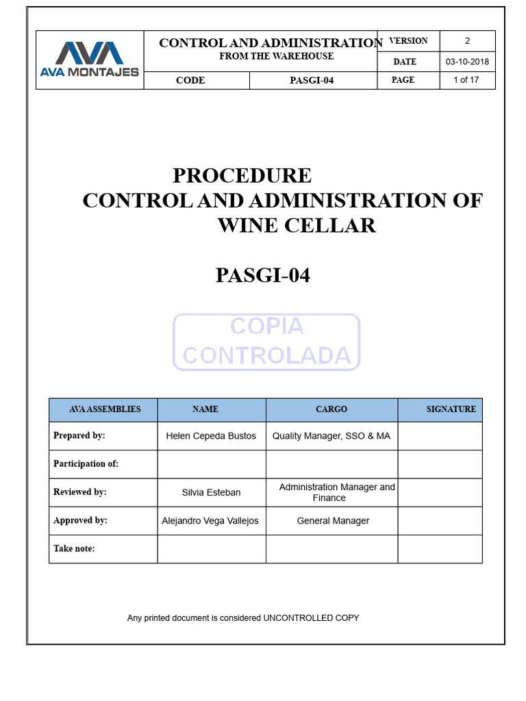 Wine Cellar Management Procedures | PDF | Warehouse | Dangerous Goods