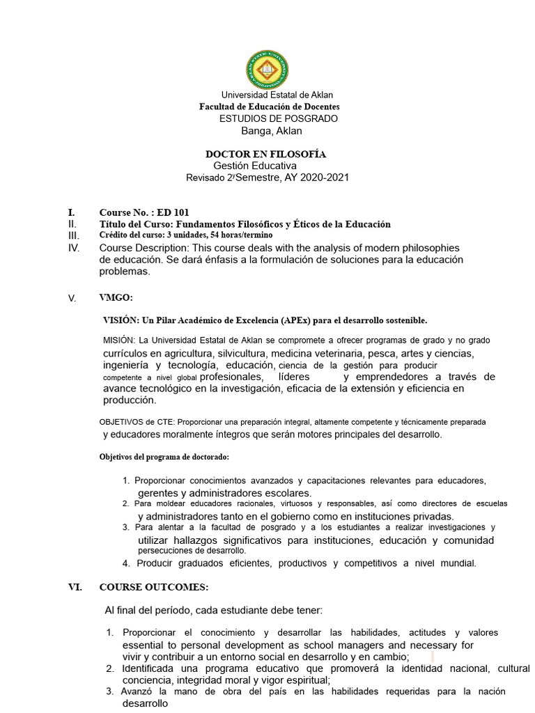 Plan de Estudios 2021 en Fundamentos Filosóficos y Éticos de La ...