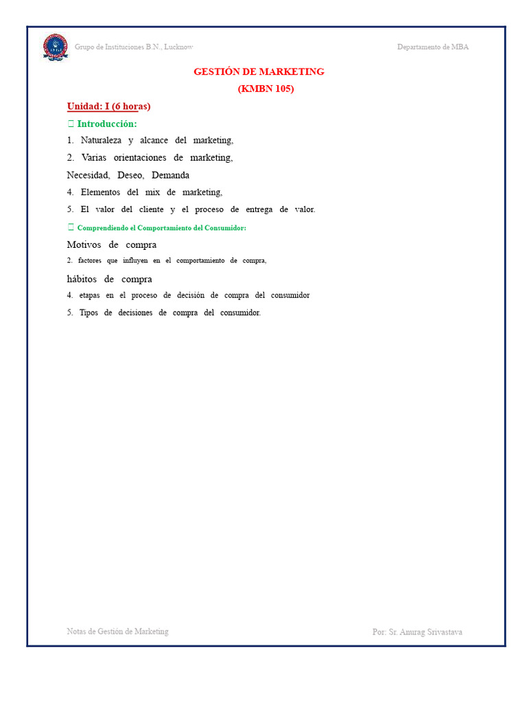 UNIDAD I - Gestión de Marketing (KMBN 105) | PDF | Marketing ...