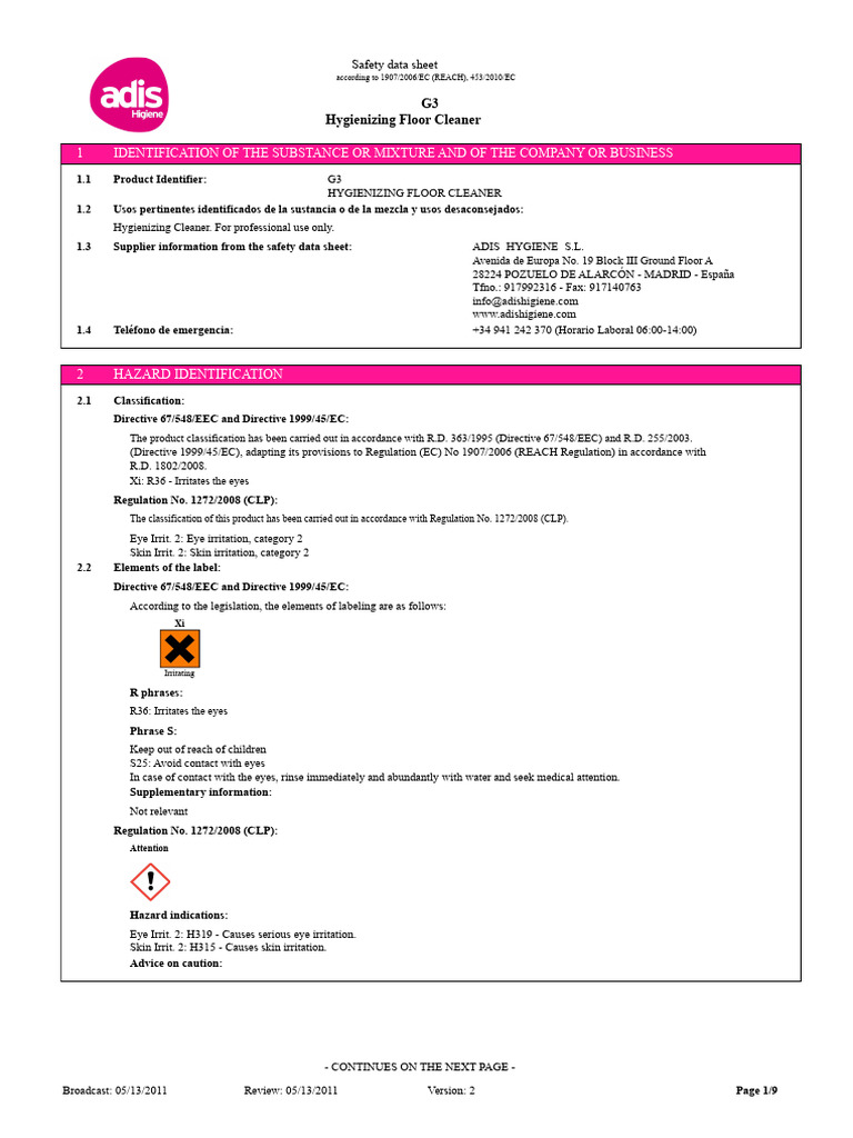 Fds g3 Hygienizing Floor Cleaner | PDF | Chemical Reactions | Toxicity