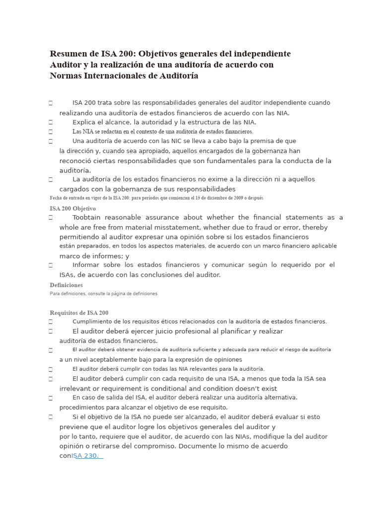 Resumen de ISA 200: Objetivos y Requisitos | PDF | Auditoría | Negocios ...