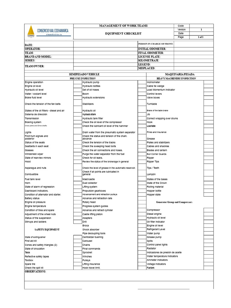 Heavy Machinery Pre-Use Inspection Checklist | PDF | Engines | Brake