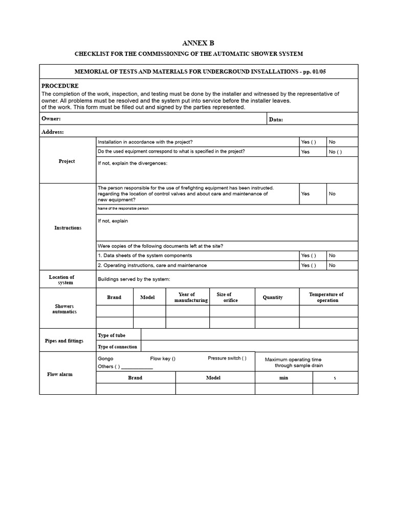 Automatic Shower System Commissioning Checklist | PDF | Valve | Fire ...