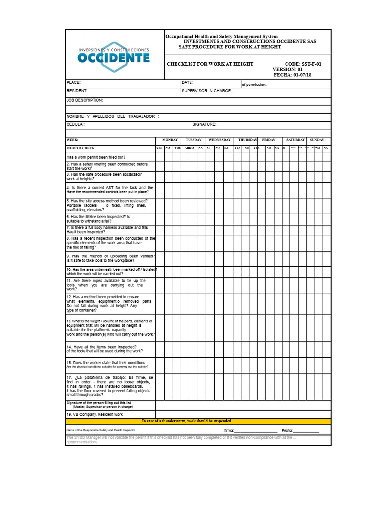 Work at Height Safety Checklist | PDF | Safety