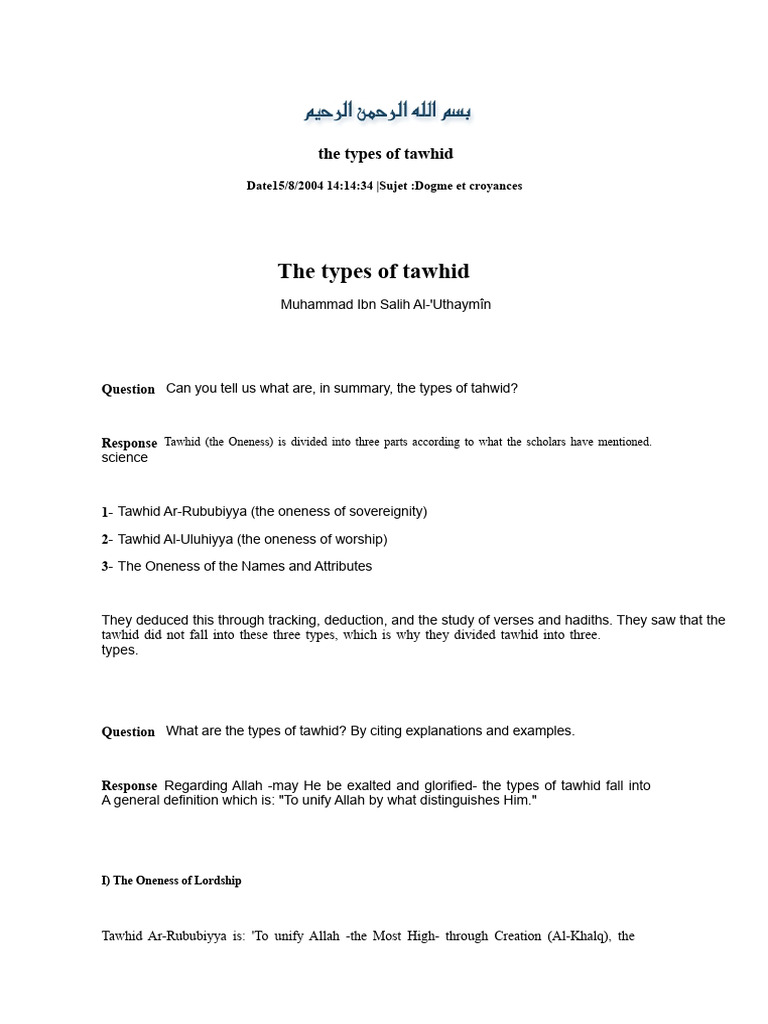 The Types of Tawhid | PDF | God In Islam | Tawhid