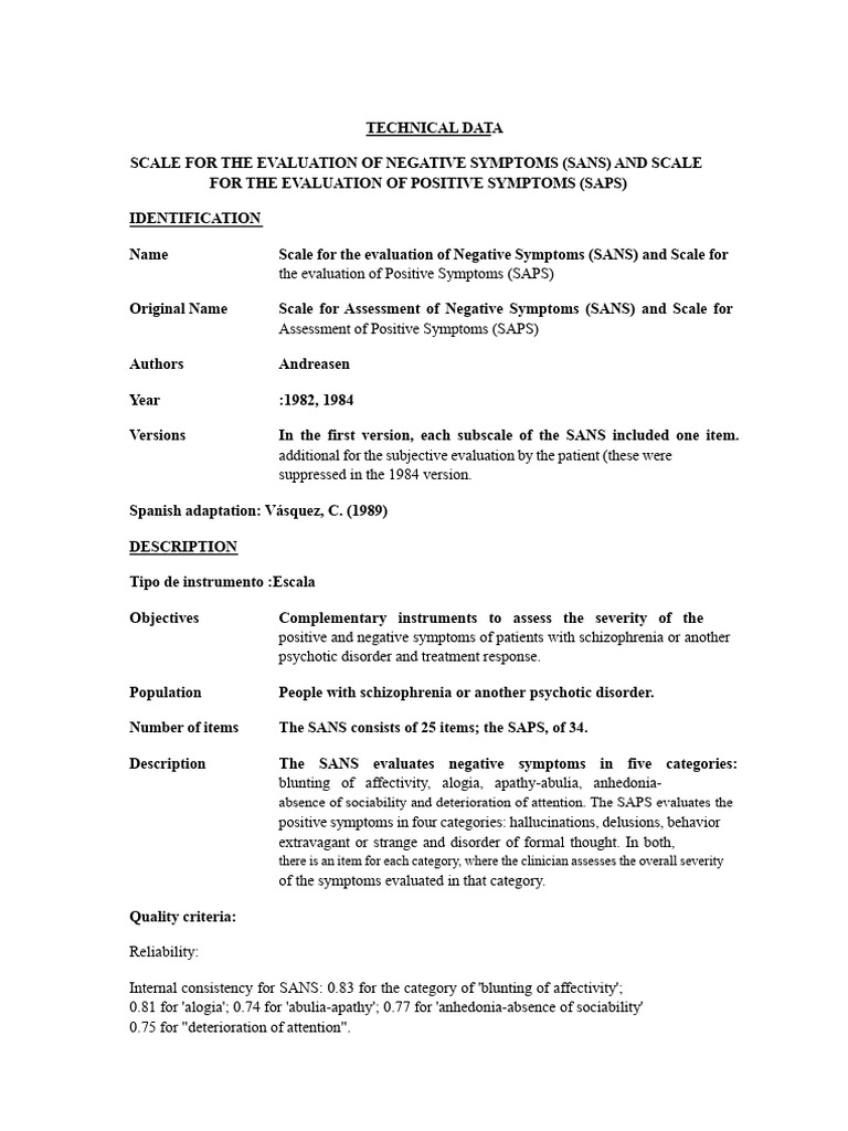 SANS and SAPS Scales for Schizophrenia Evaluation | PDF | Delusion ...