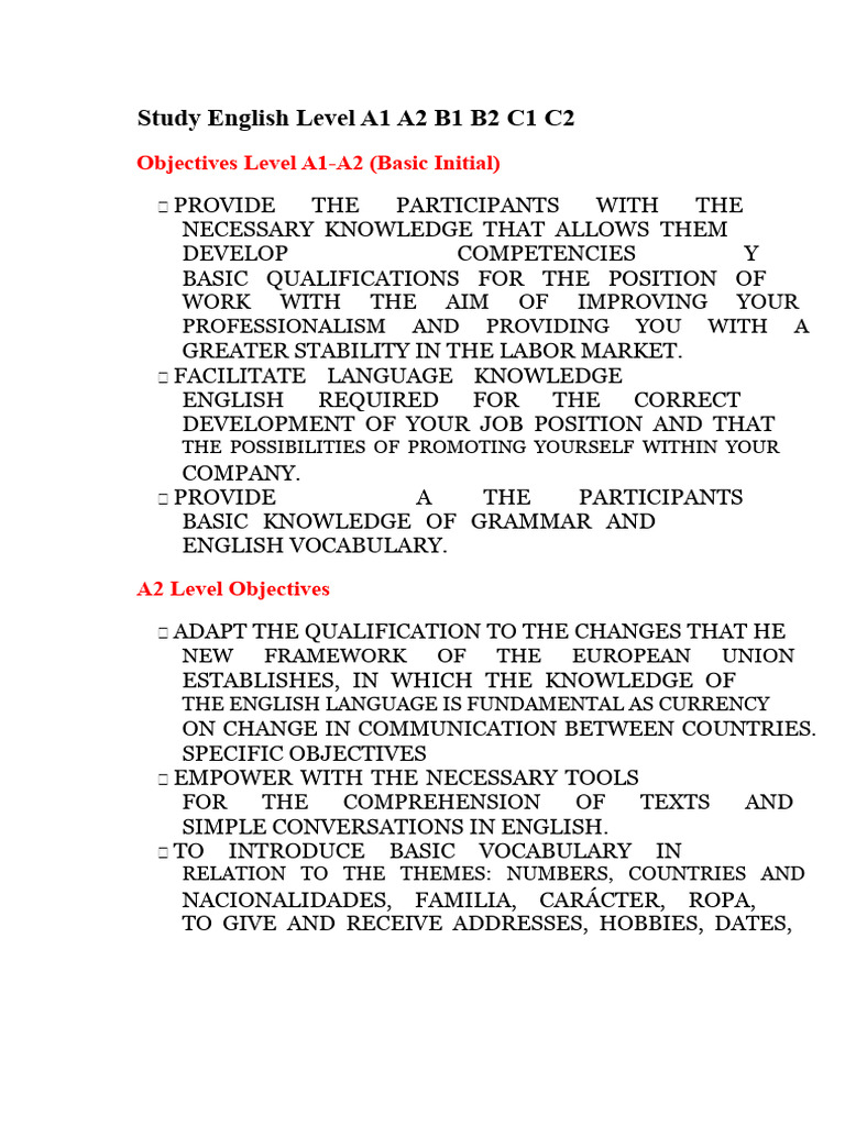 English Proficiency Levels A1 to C2 Guide | PDF | Verb | English Language