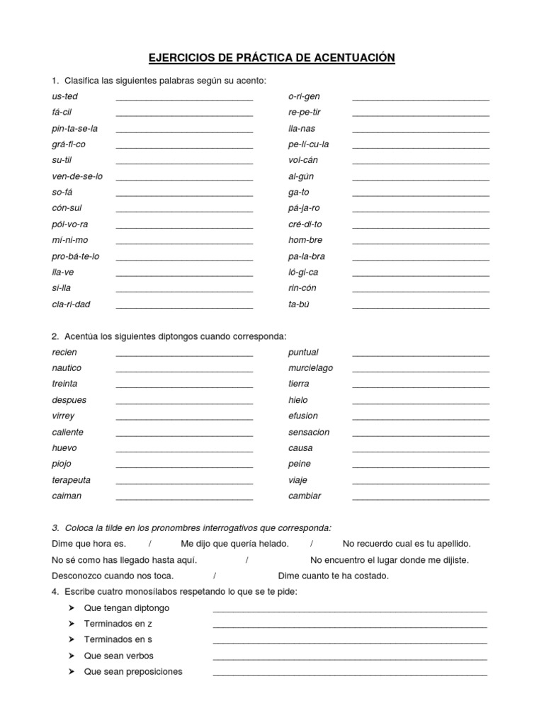 EJERCICIOS DE PRÁCTICA DE ACENTUACIÓN