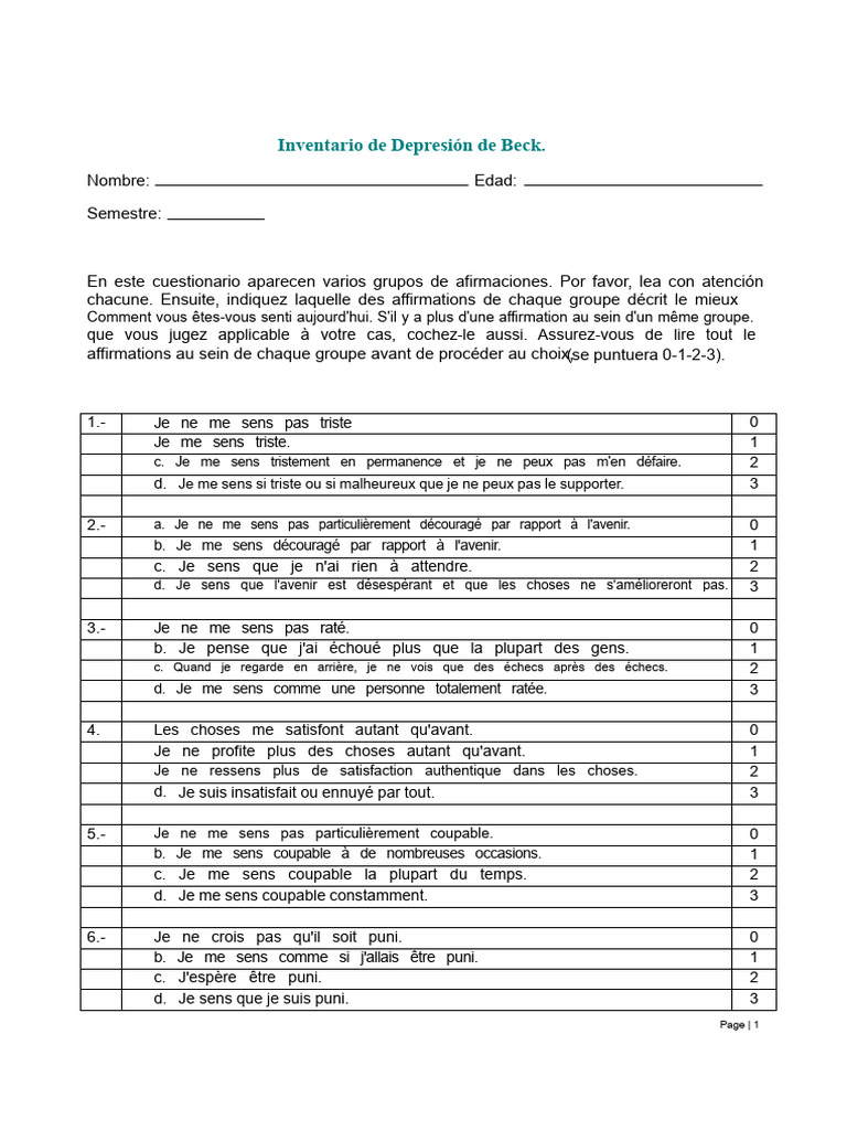 Questionnaire sur la Dépression de Beck | PDF | Dépression (psychiatrie)