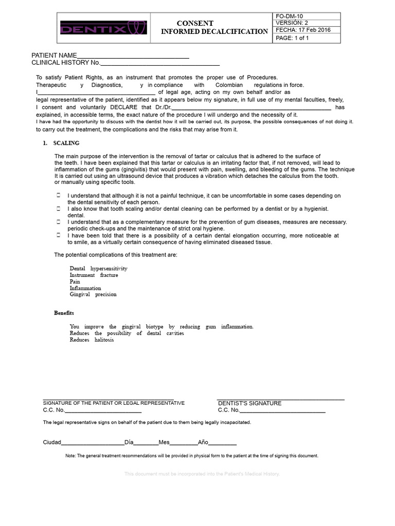 Informed Consent for Dental Scaling | PDF | Dentistry | Health Sciences