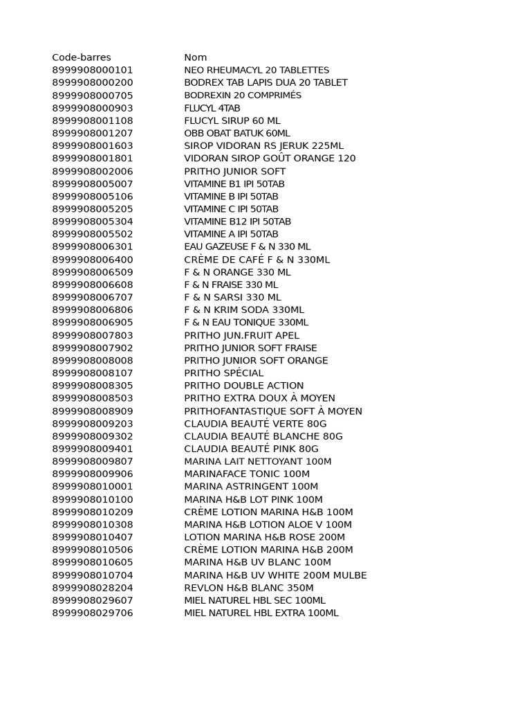 Liste de Produits et Codes-Barres | PDF | Boisson