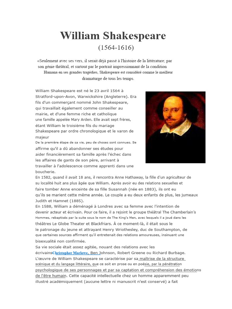 Vie et Œuvre de William Shakespeare | PDF | William Shakespeare