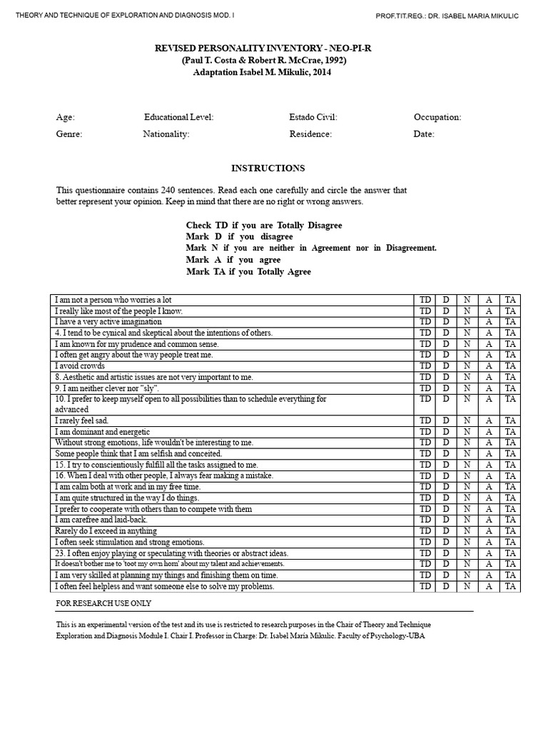 NEO-PI-R Personality Inventory Questionnaire | PDF | Psychology ...