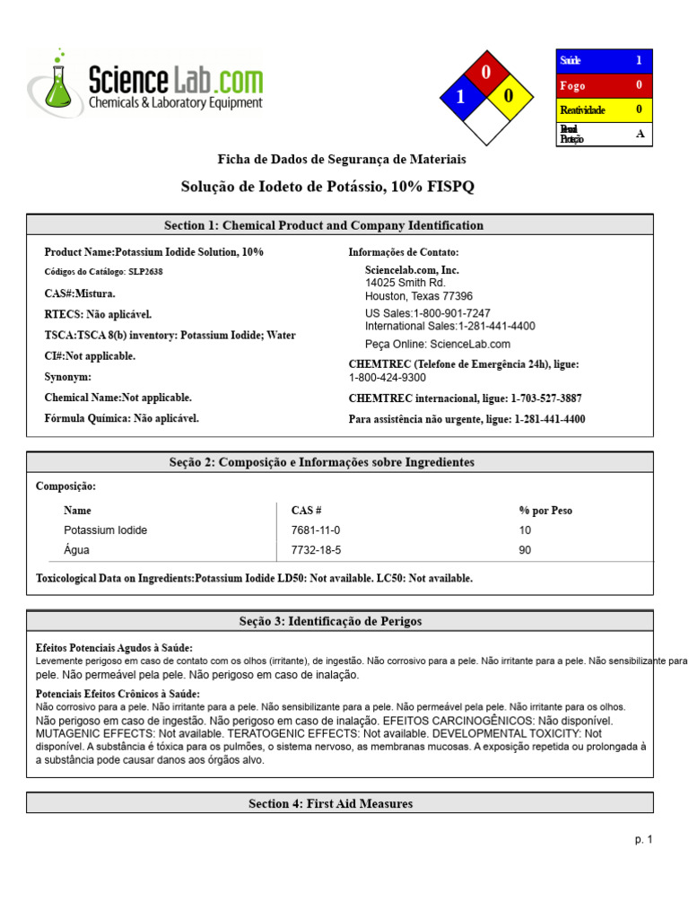 Ficha de Segurança: Iodeto de Potássio 10% | PDF | Corrosão | Toxicidade