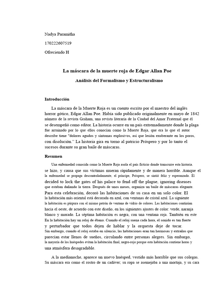El Mascarada de la Muerte Roja de Edgar Allan Poe Análisis | PDF