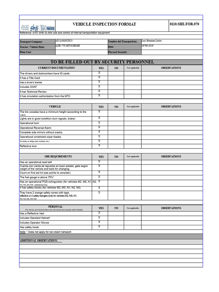 Vehicle Inspection Checklist Format | PDF | Tire | Truck