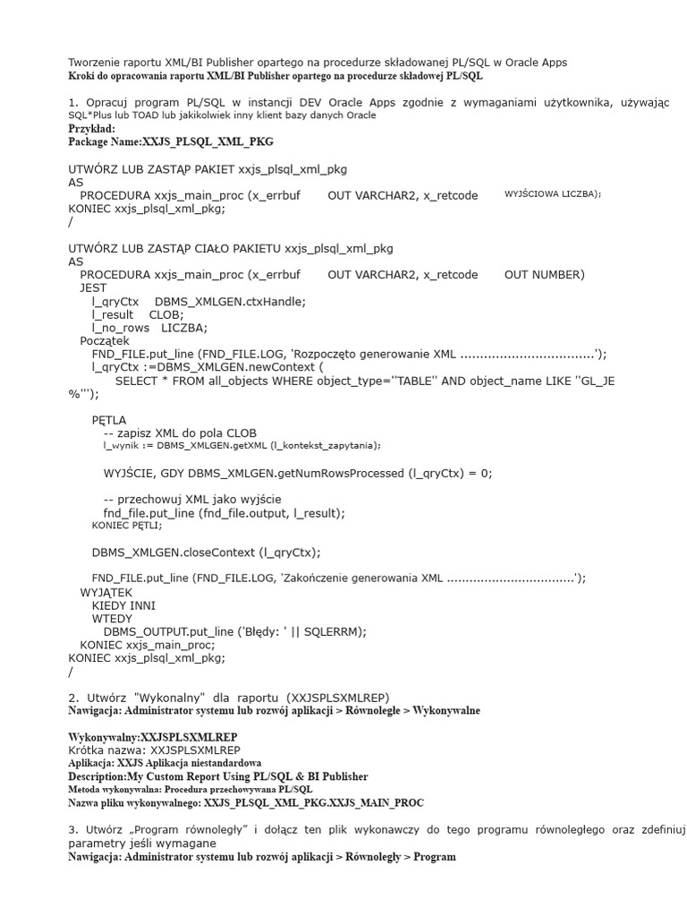 Tworzenie Raportu XML Za Pomocą Procedury PLSQL W Oracle Apps | PDF