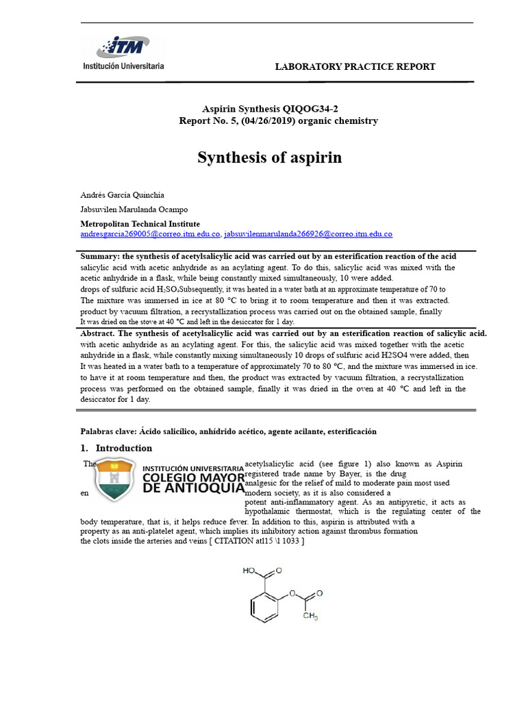 Aspirin Synthesis Report in Organic Chemistry | PDF | Aspirin | Ester
