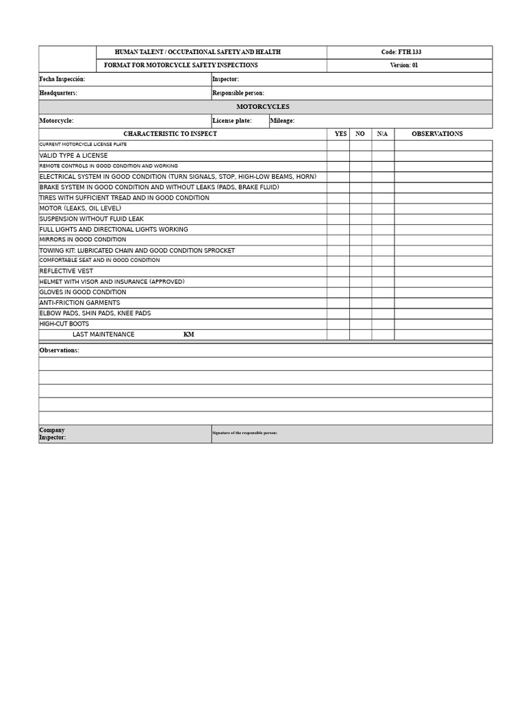 Motorcycle Safety Inspection Checklist | PDF