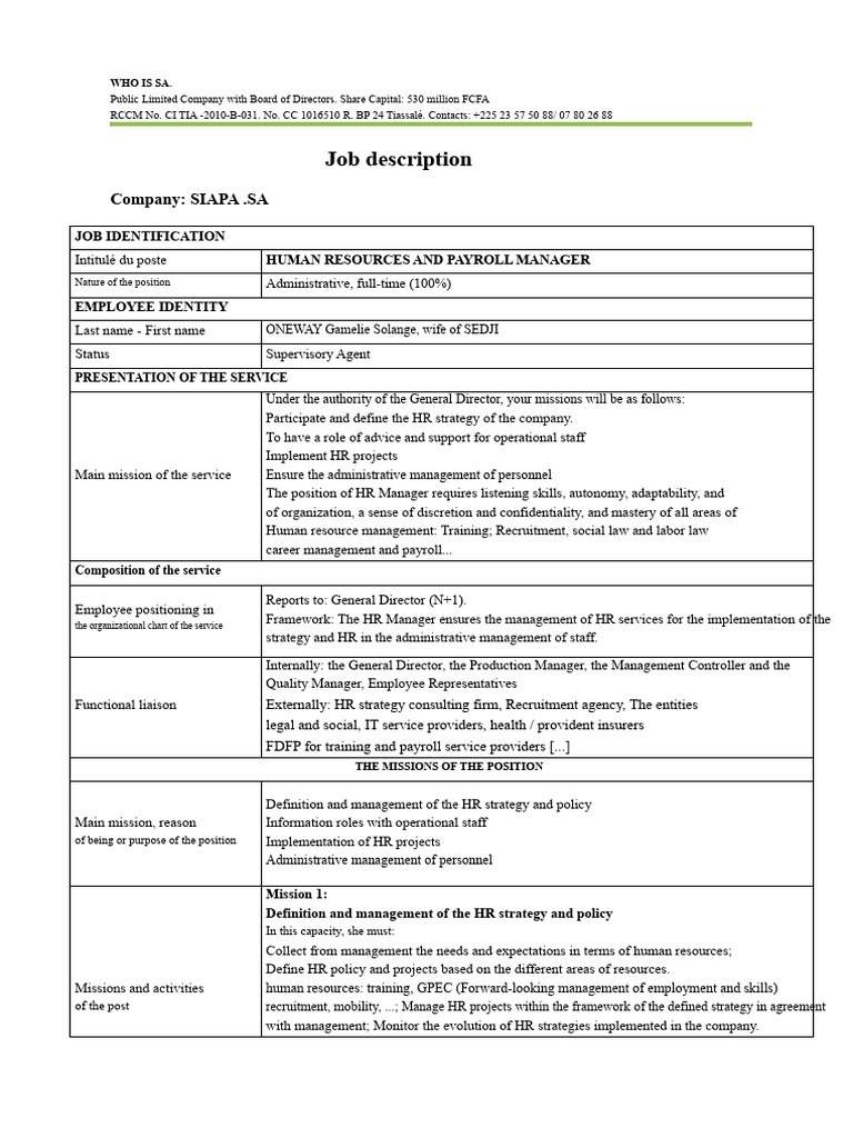 HR Manager Job Description at SIAPA SA | PDF | Human Resources | Human ...