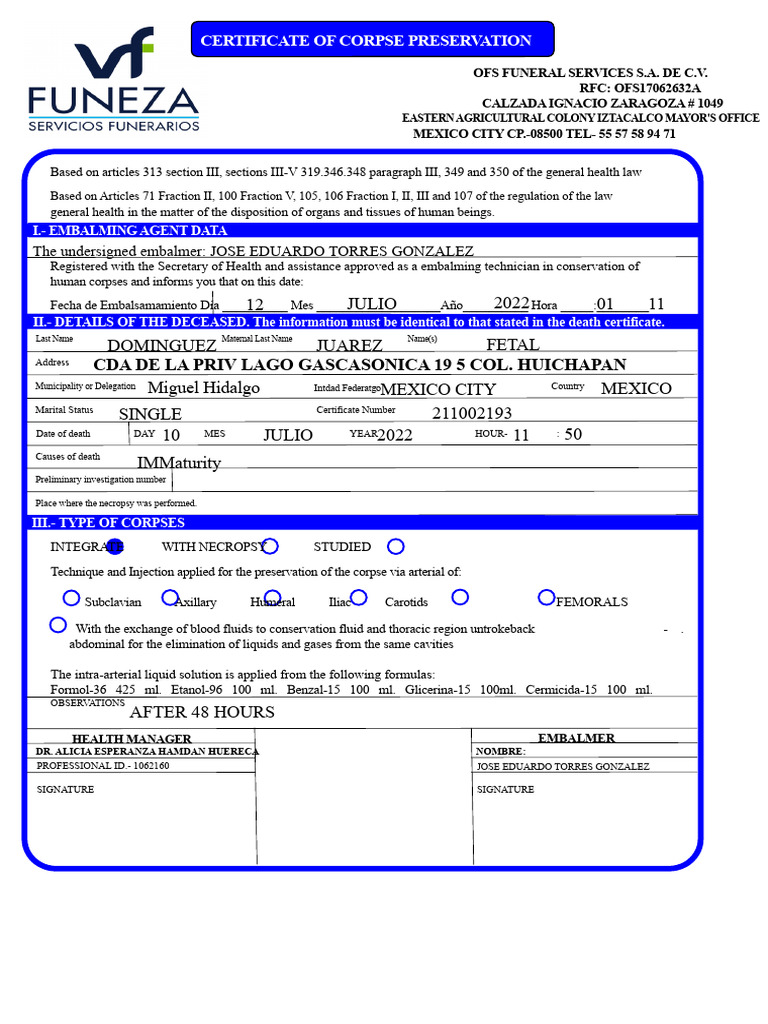 Certificate of Corpse Preservation | PDF | Cadaver | Medical Specialties