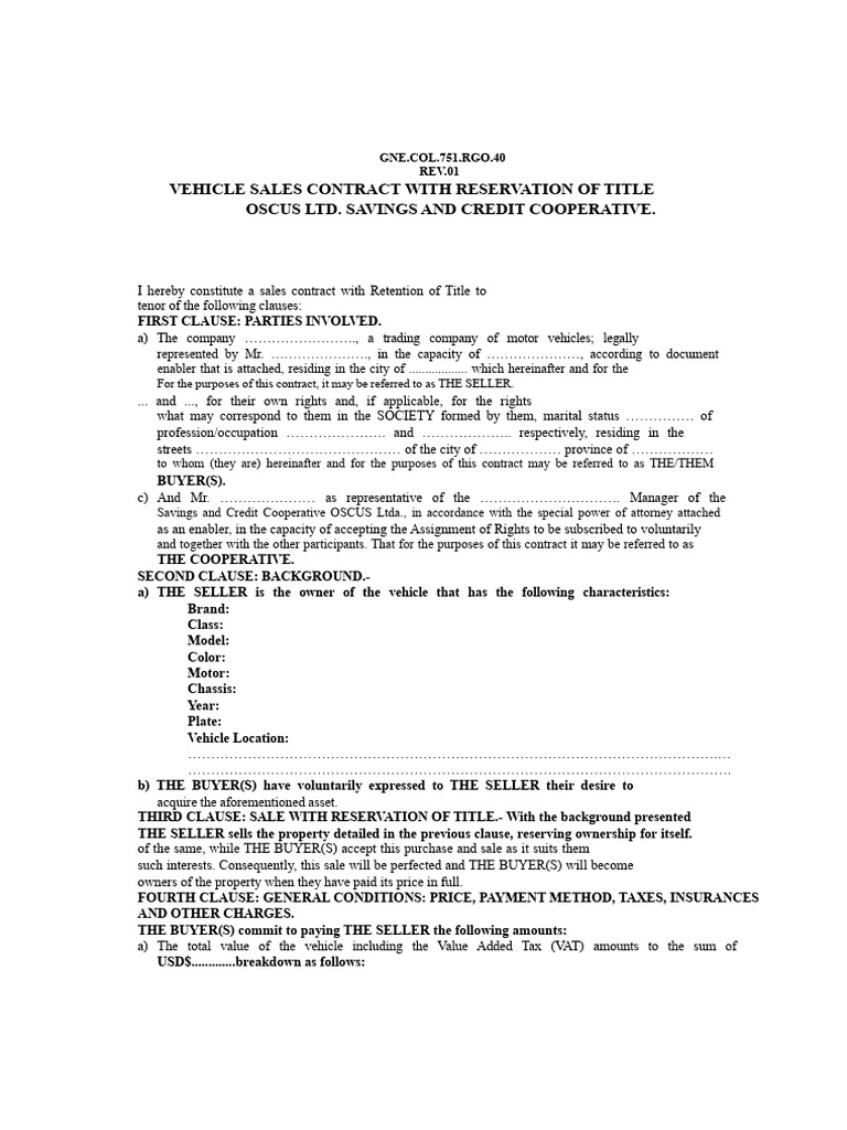Vehicle Sale Agreement With Retention of Title Rev. 01 | PDF | Credit ...