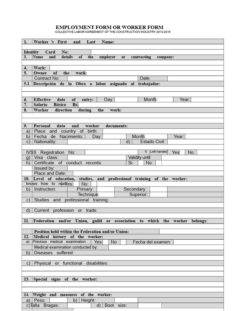 Construction Worker Employment Form | PDF | Birth Certificate | Employment