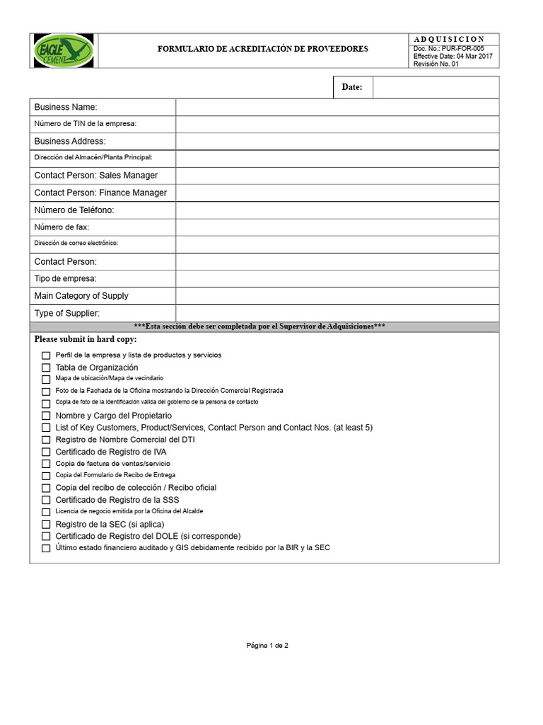 Formulario de Acreditación de Proveedores PUR-For-005 - REV.01 - 4 de ...