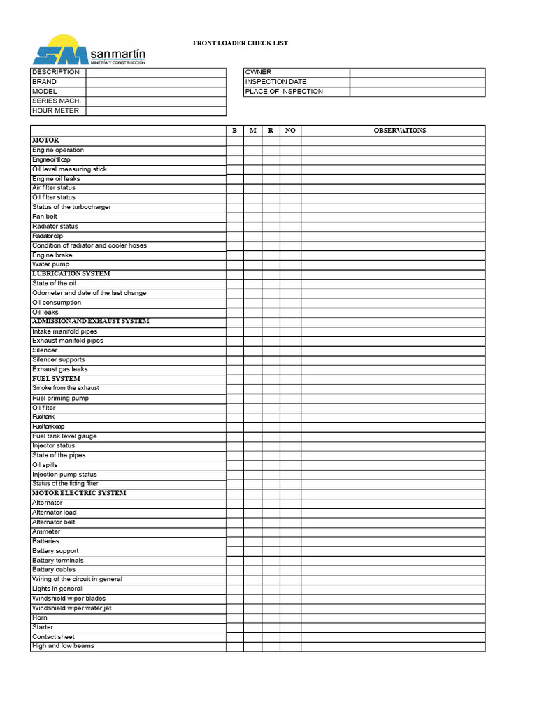Front Loader Inspection Checklist | PDF | Brake | Pump