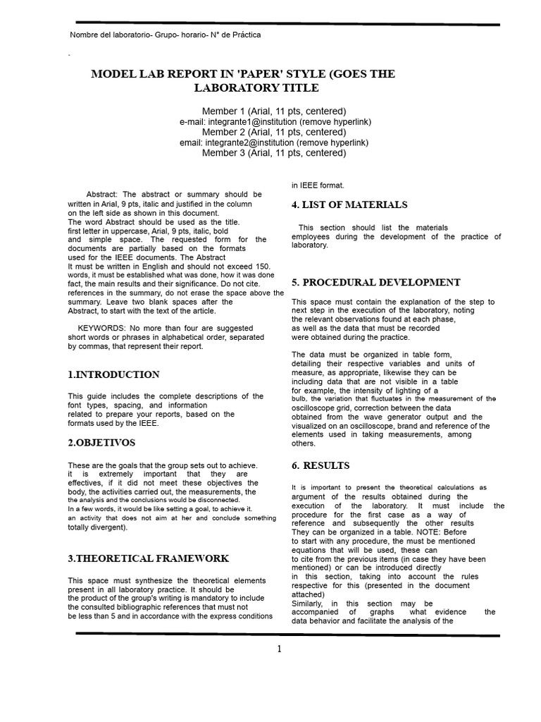 IEEE Lab Report Format Guide | PDF | Arial | Data