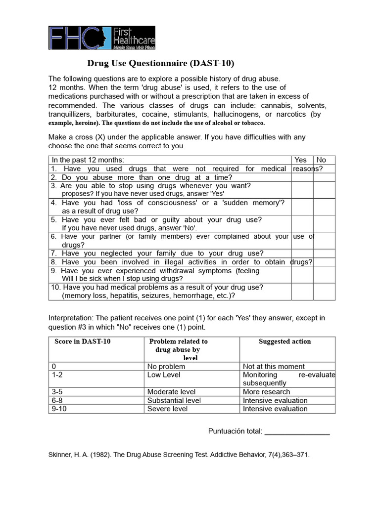 Drug Abuse Screening Questionnaire DAST-10 | PDF | Substance Abuse | Drugs