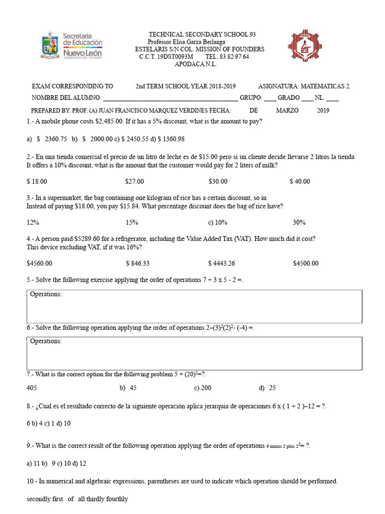 Math Exam Keys for Technical School 93 | PDF | Algebra | Mathematics