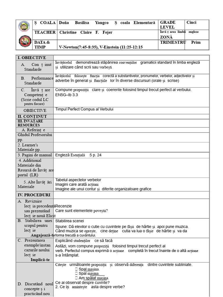 ENGLEZĂ 5 Q1-W2-D4 - Aspectul Verbilor | PDF