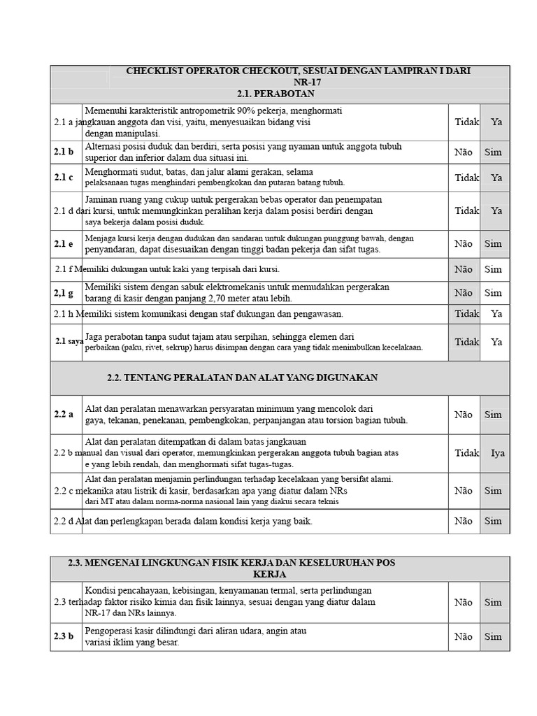 Checklist Operator Checkout | PDF