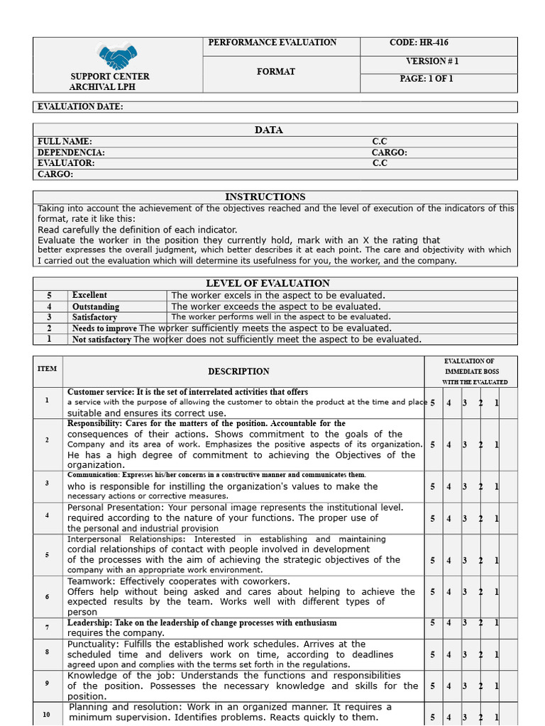 Performance Evaluation Format HR-416 | PDF | Performance Appraisal ...